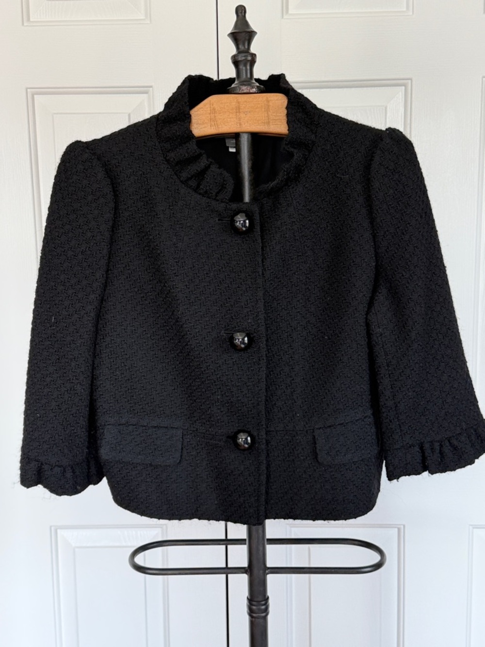 Ann Taylor Classic Black Wool Textured Ruffle-Trim Jacket